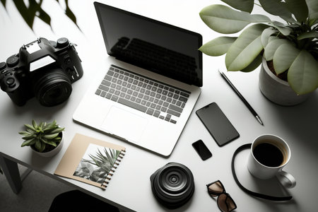 On a white table inside, there are gadgets, coffee, and work supplies. Home office workspace that is inspiring and comfortable, with surface shadows from plants. idea of a remote office and freelanceの素材