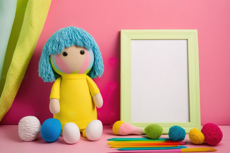 On a table with a colorful background, there are picture frames and a sweet doll with room for text. Child friendly featuresの素材