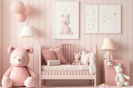 Pink nursery room interior background with mock up poster frames, soft toys, and baby beddingの素材