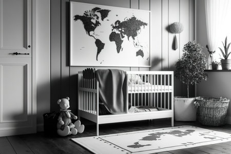 Over a wooden crib with cushions in a true shot, there is a vertical black and white map in the frame. The wooden floor is carpetedの素材