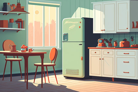 Retro kitchen with light, open space, wooden furniture, appliances, and table. Range hood, refrigerator, and oven. a retro kitchen in an apartment that is lit by sunshine, illustration of a carの素材