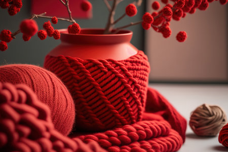 On knitted red wool checkered background, red dry rowan in grass vase. Mockup of a Christmas decoration design for use in blogs, greeting cards, and writing. Christmas decorations from Scandinaviaの素材