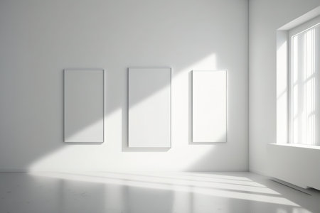 On the wall of the gallery are empty frames. Interior of an empty art gallery, with white walls, a white floor, and lighting for picture presentations. an accurate mockupの素材