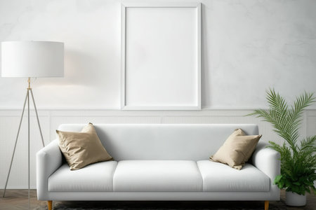 Poster frame and white sofa mockup on white living room backgroundの素材