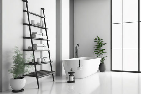 Side view of modern bathroom with white walls, concrete floor, white bathtub with shampoo shelf above, and ladder near wallの素材