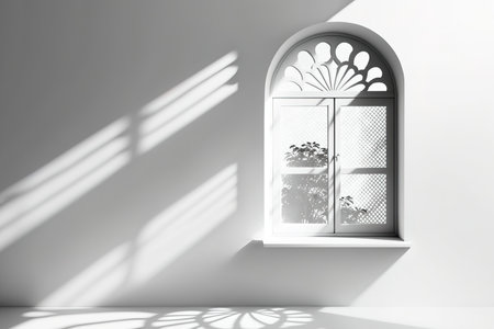 Overlay of a natural window shadow over a background of a white, clean Scandinavian wall. Mockup, studio photo, and social media presentation templatesの素材