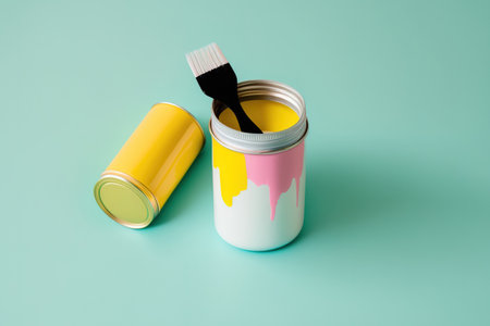 Paintbrush and empty can on colored backgroundの素材