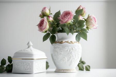 white vase holding pink roses against a white backgroundの素材