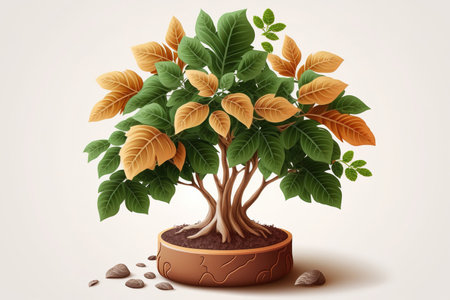Indoor green leaves tree in terra cotta pot with realistic design on white background. Green living, indoor gardening, indoor plants, space, growth, and growing are some related termsの素材
