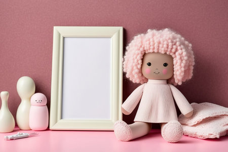 Photo frames and cute doll on table against color background, writing space. Nursery accessoriesの素材