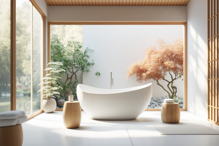 Overlooking a contemporary Japanese wooden bathroom with a bathtub, zen architecture interior design concept, is a white table, desk, or shelf with five soft white pillows in the shapes of stars or flの素材
