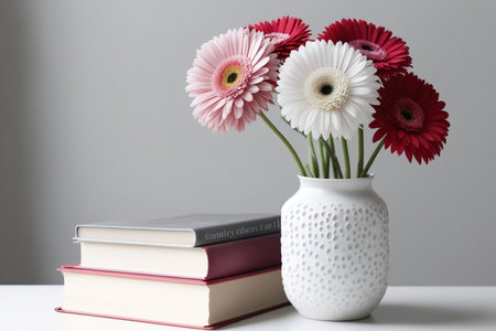 Gerbera daisies in a white vase with red and pink accents resting atop a stack of booksの素材