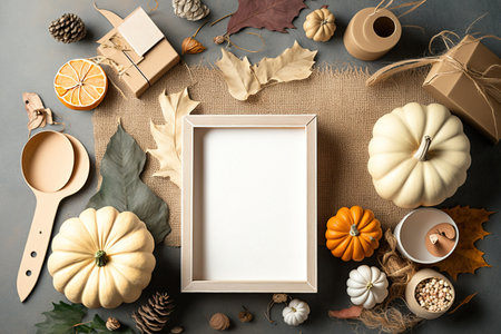 Rustic mockup with autumn table decoration. Interior decor for fall holidays with handmade pumpkins. Gift package template. Flatlay, top viewの素材