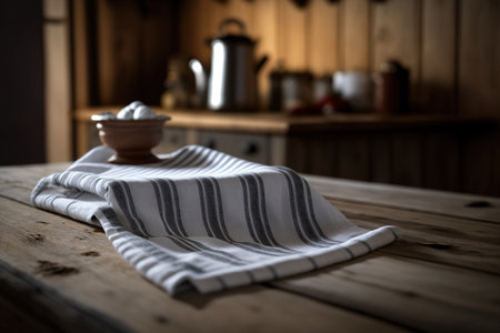 napkin and tablecloth on a replica of a wooden deck in the front. Background of an indoor kitchenの素材