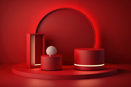 dim red room podium with lights and standの素材