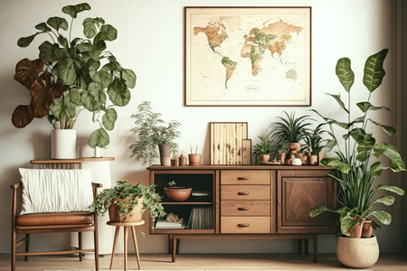Vintage living room decor including a vintage cabinet with lots of plants on top, accessories, and a black mock-up picture frame on a beige wall. minimalist design idea for the home. Templateの素材