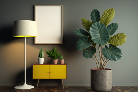 Retro interior design mockup. A ficus flower in a pot, a light floor lamp, and a light laminate may all be found on a light wooden cabinet with dark legsの素材
