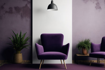 Poster mockup in in a minimalist room with purple wooden armchairsの素材