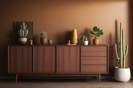 Mockup sideboard in a brown living roomの素材