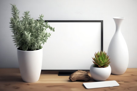 realistic white screen mockup with simple, wooden, and vase plant elementsの素材