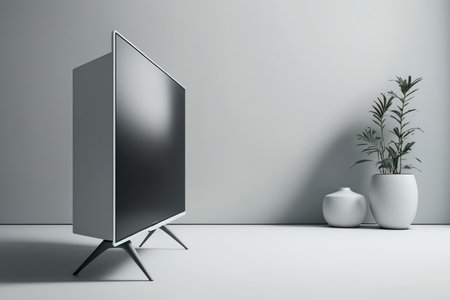Modern white TV stand with flat screen in room, seen from the side. a mockupの素材