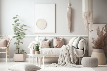 Scandi Boho style mock up of a home including a room in light pastel hues with a blank wall and a chair,の素材
