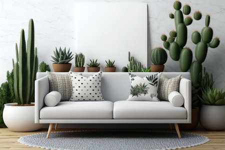 Scandinavian sofa, wooden floors, circular carpet, and cactus plant with ornamental accessories. Empty frames can display art, print, and wallpaper mockupsの素材