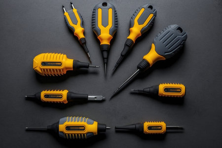 screwdrivers in a set. a top view design on a gray backdropの素材