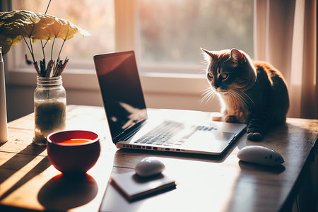 Red home cat playing with laptop, with white mockup and sunlight effectの素材