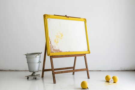 old whiteboard rusty steel frame stand painting white with blank vintage yellow poster screen on white background, charm of antique furniture interior decoration idea conceptの素材