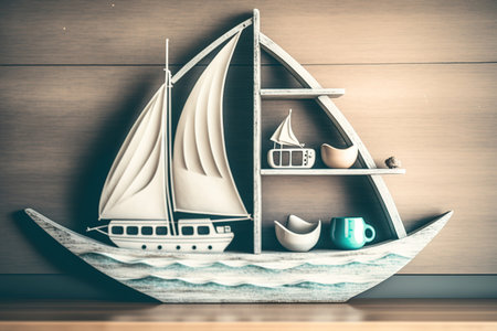 wooden boat-shaped shelves. vintage-filtered product display backgroundの素材