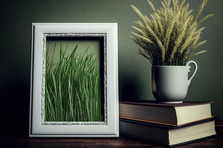 on the book are grass and a picture frameの素材