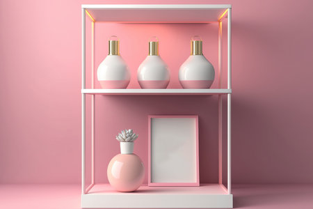 pink shelf and stand. loft light bulbs in white. model for a decorative mockupの素材