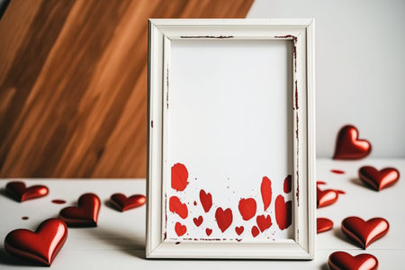 Red hearts are painted on a wooden picture frame with a white background. I love you cards and posters. Home interior design, brand mockup, and text area. innovative simple concept with vintage colorsの素材