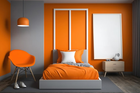 orange wooden bedroom, poster frame mockup,の素材