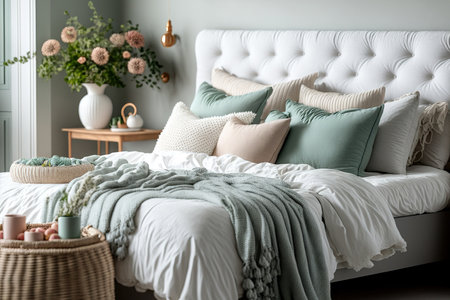 room with a comfortable bed and pillows. Elegant interior decorの素材