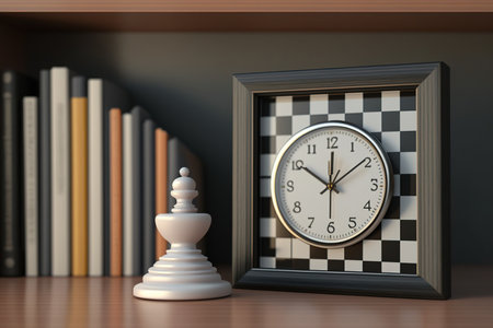 picture frame with clock on chessboard and background of a blurry library roomの素材