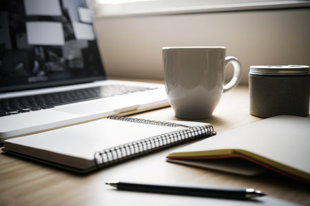 On a table in the workplace are a notebook, cup, and journalの素材