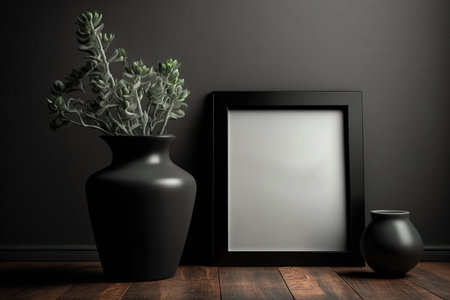 Square black poster or photo frame mockup with vase on the wooden floor leaning against the room wall with shadowの素材