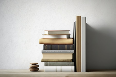 Stack of books against a white wall on a wooden shelfの素材