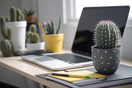 Student desk in home office with books, cactus, mock up of laptop screen, and supply container. homeschooling is a popular educational optionの素材