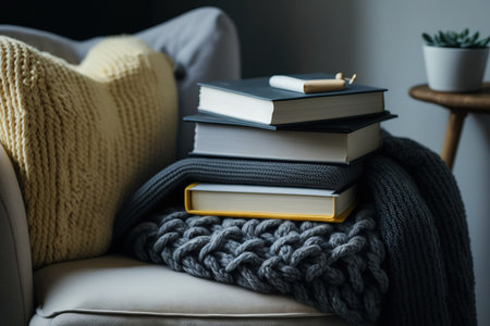 Stack of books on armchair, soft knitted bed cover, and wallpaper depicting education and relaxationの素材