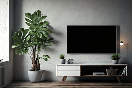 Modern workplace or home TV space. Concrete wall, hardwood parquet, photo frames, table light, and plant designの素材