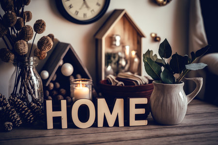 Still life of home decor in a cozy house with wooden letters with the inscription home. The concept of decor and comfortの素材