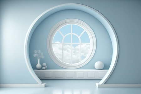 The interior of the room is a plain, uniform shade of pastel blue. window with a cloud, furniture, and a round arch. copy area with a pale background. in a speech, webpage, or picture frameの素材