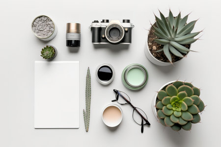 Styled minimal flatlay with smartphone, DSLR camera, coffee, candle, glasses, succulent, tillandsia, perfume, nail polish, eyeliner, ring and pearl earrings on white background top viewの素材