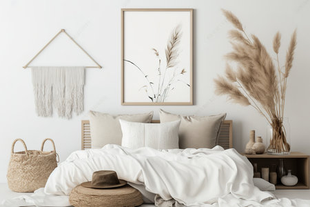 A square frame mockup of a bohemian bedroom interior featuring a wooden bed, a beige blanket, a cushion with tassels, dried pampas grass, and a basket is shownの素材