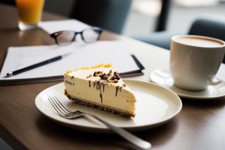Sweet cheesecake on a coffee break table in the officeの素材