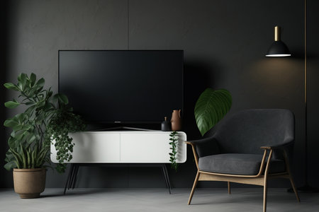 In a contemporary living room with a TV on a cabinet and a chair, lamp, table, flower, and plant against a plaster wall,の素材