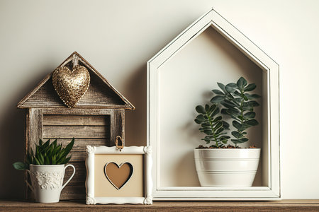 Still life with a picture frame, houseplant in a pot, parcel, and shelf-mounted heart ornament. a replica of loft living decor on an antique shelfの素材